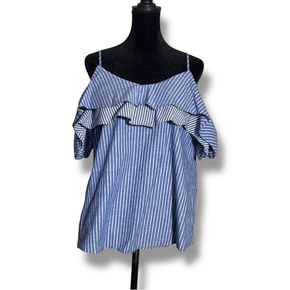 a new day Blue/White Pinstriped Lightweight Tiered Ruffle Off-Shoulder Blouse